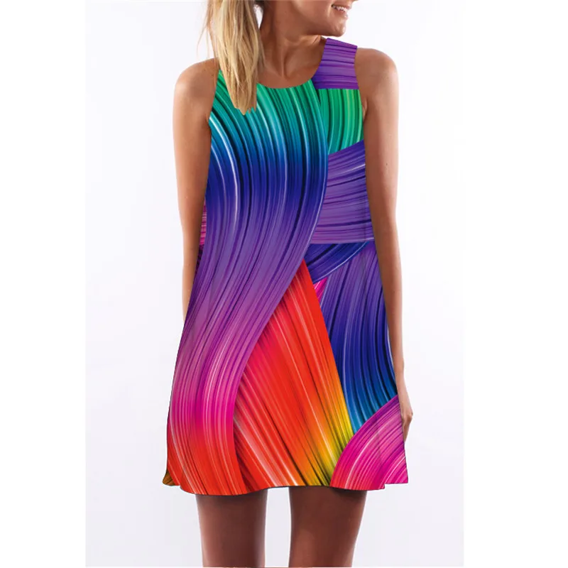 

chuqian Women Vintage Summer Dress Multicolor Print Beach Wear Loose Casual Sleeveless Party Club Dress Above Knee
