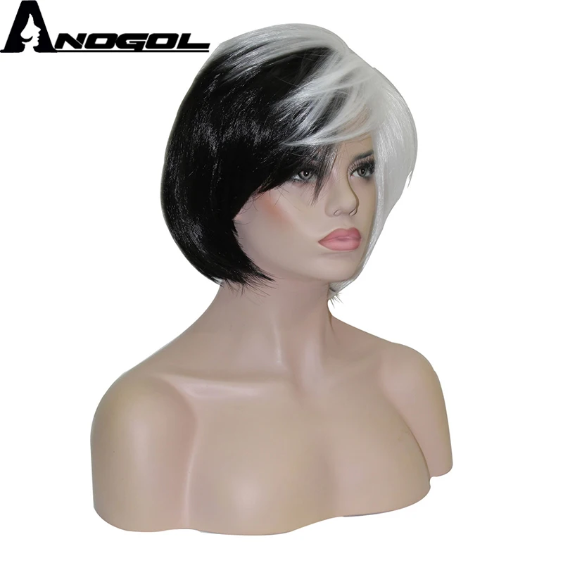 Anogol Brand New Cruella Deville Side Bangs Half White Black Layered  Synthetic Cosplay Wig For Women Party Halloween + Wig Cap