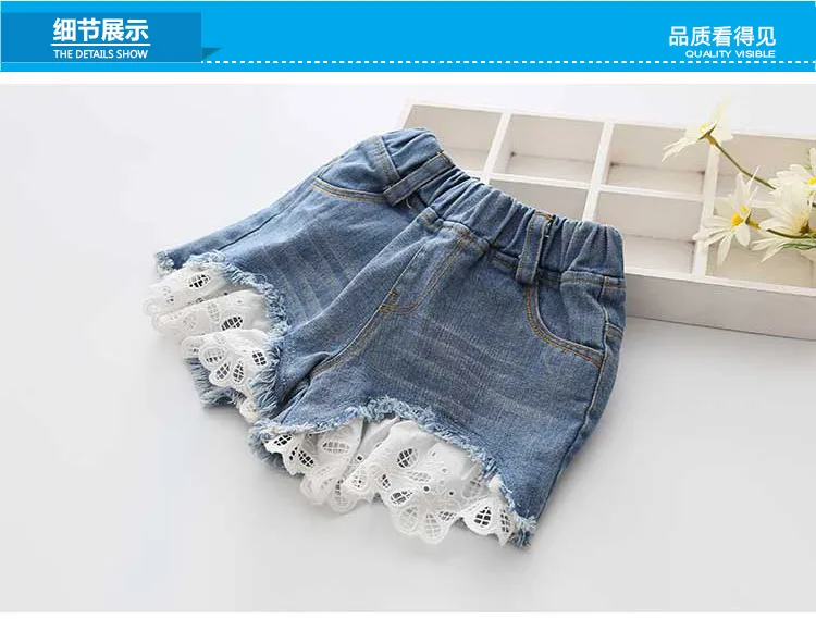 Джинсовые шорты для маленьких девочек коллекция года, летние детские джинсы повседневные штаны с кружевными вставками Пляжные штаны детская одежда ковбойская одежда, Y1074