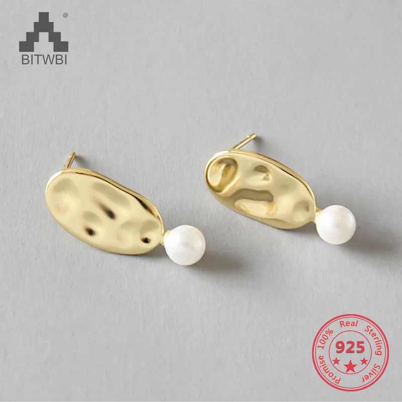

Morden Authentic 925 Sterling Silver Jewelry Concave-convex Surface with Pearl Gold Color Earrings for Women