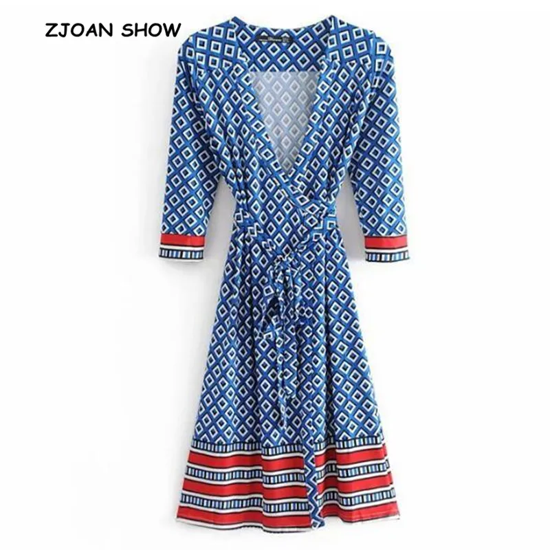 

2019 New Women French Cross V neck Geometric Plaid Wrap Dress blue Retro Lacing up Waist Split Slim Fit Dresses Knitted Vestidos