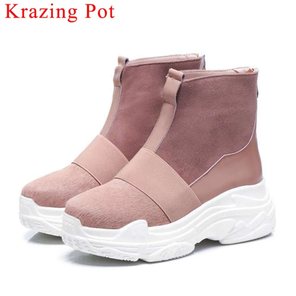 

2019 beauty girls metal zipper genuine leather featured horsehair design med thick bottom platform round toe ankle boots L05