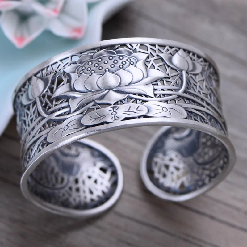 Goedkoop Echte Pure 999 Sterling Zilveren Armbanden Voor Vrouwen Breed Grote Lotus Klassieke Tibetaanse Boeddhisme Sieraden Jonc Argent 925
