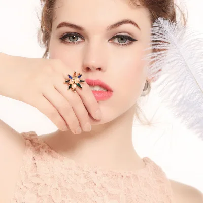 

New Arrival Hot Fashion Pink Women's Ring Street Shoot Multi-colored Stone Accessories Imitation Pearl Flower Ring Jewelry R113