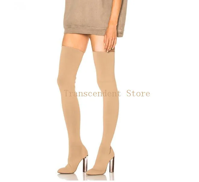 

Pointed Toe Women Thigh High Boots Sock Knit Over the Knee Sexy Stretch Long Boots Chunky High Heels Nude Simple Women Shoes