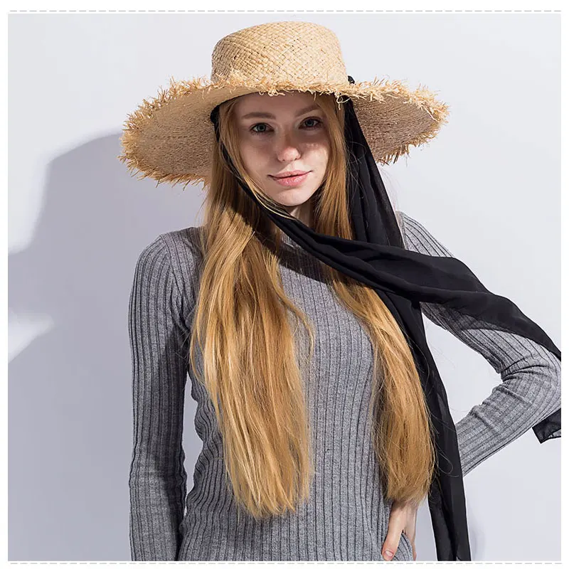 Соломенная шляпа ручной работы из рафии для женщин с черной лентой на шнуровке с большими полями, Летние Пляжные шапки для женщин