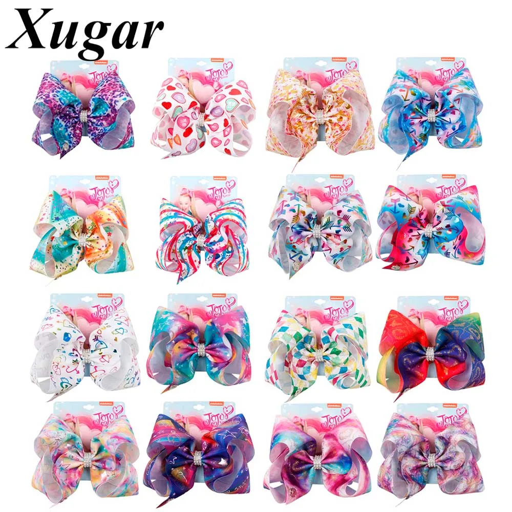 

Xugar 8" Hair Accessories Jumbo Hair Clips for Girls Rainbow Printed Grosgrain Ribbon Hair Bows with Rhinestone Hairgrips Kids