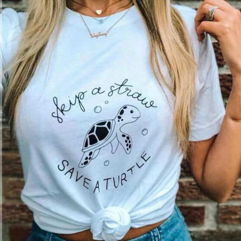 

Skip A Straw Save The Turtle T Shirt Funny Slogan Graphic Tees Women Cotton Top 90s Aesthetic Short Sleeve Tops Drop Shipping