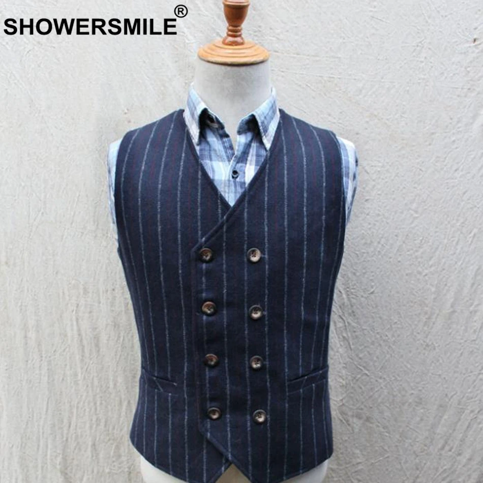 SHOWERSMILE Striped Vest Men Double Breasted Waistcoat Gray Woolen Wedding Suit Vest Gentleman Vintage British Sleeveless Blazer