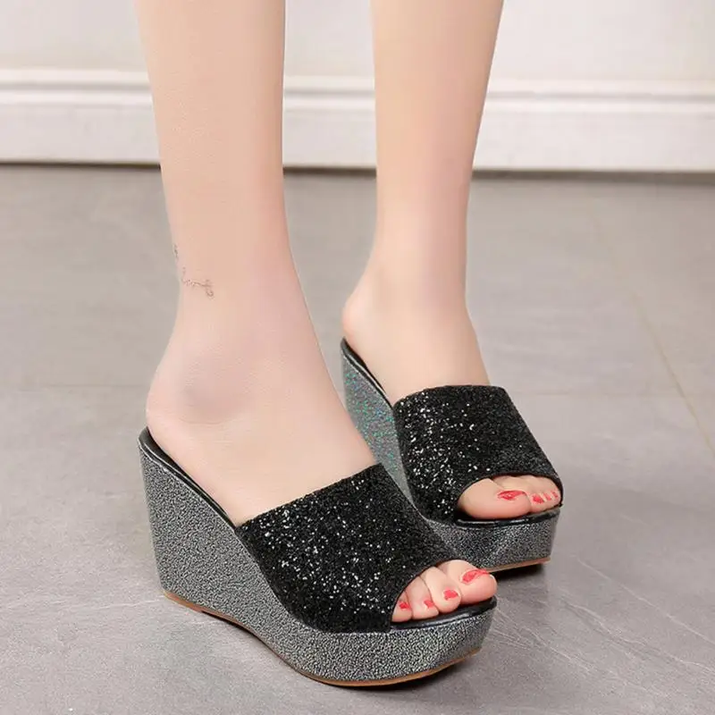

Women Slippers Sequins Beach Sandals Creepers Glitter Platform Gladiator Slides Casual Shoes Slip On Slippers Bling Flats #926
