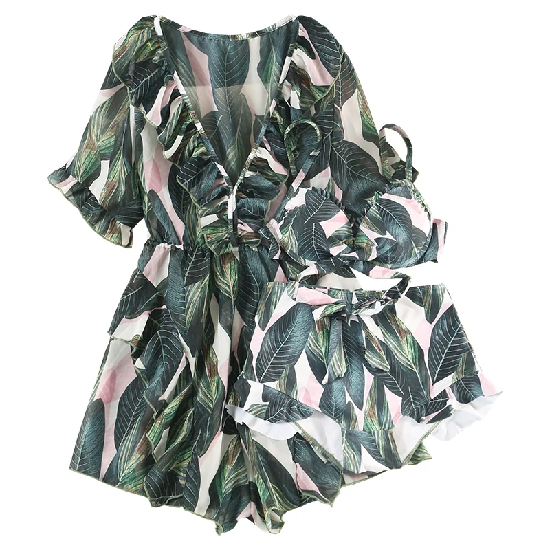 

2019 New Women Print Three Piece Bikini Set Swimwear Cover Up Bathing Suit Summer Sexy Swimsuit Swim Beach Wear Push Up Biquinis