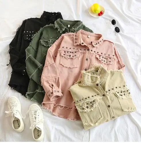 

Spring Studded Frayed Women's Denim Jacket Long Sleeve Women's Jackets Large Size Outerwear Irregular jeans jacket Streetwear