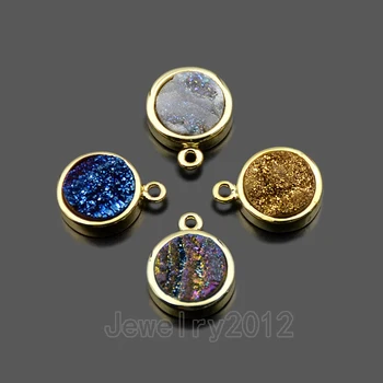 

5PCS/Pack Randomly Mixed Round Golden 12x16mm Titanium Coated Natural Druzy Quartz Beads DIY Bracelet Necklace Connector