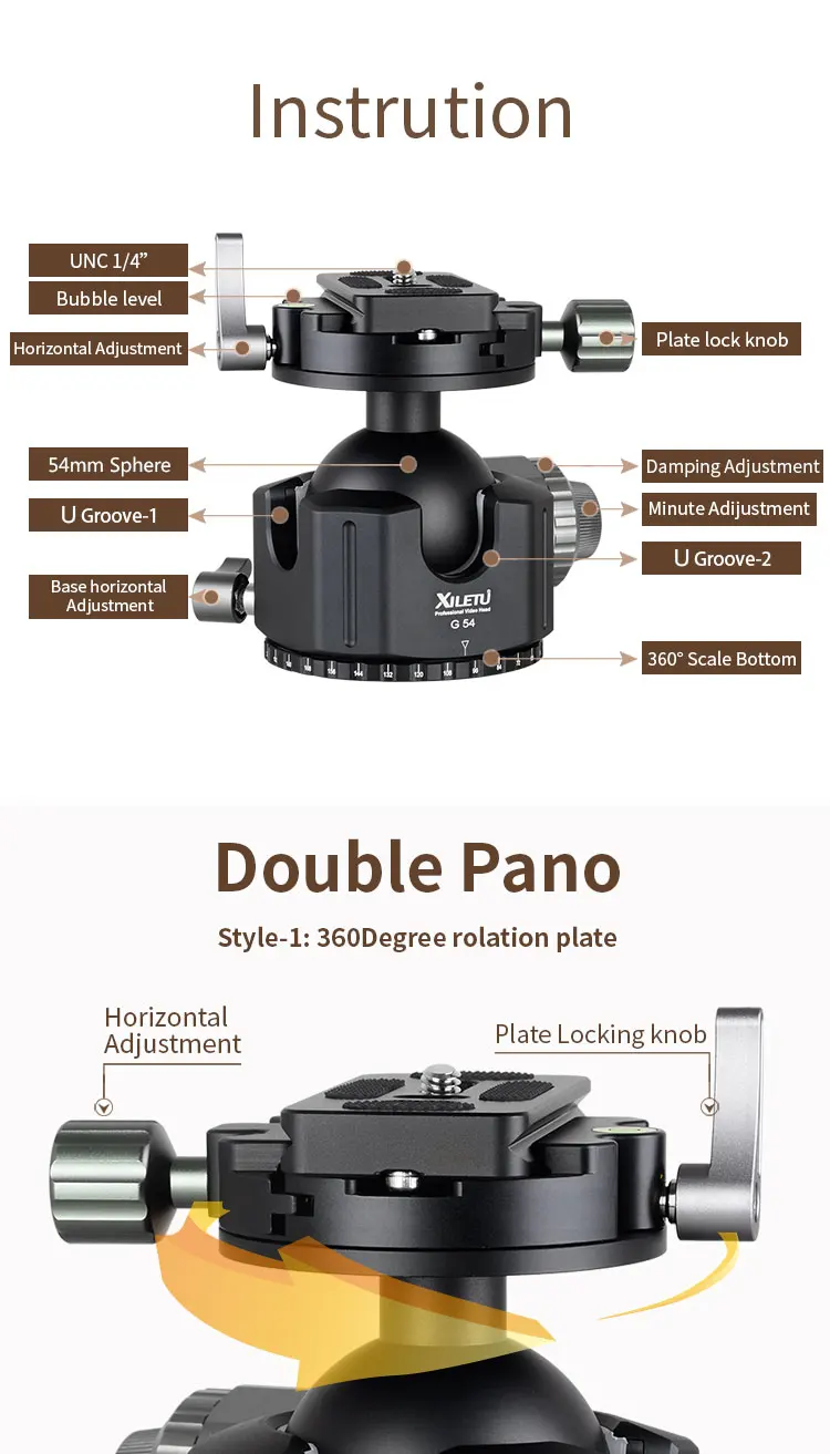 XILETU G-54 низкий центр тяжести штатив шаровая Головка двойной u-образный вырез ультра-низкий профиль 360 ° двойной панорамный сверхмощный шаровая Головка