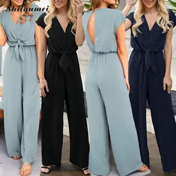 

Women Jumpsuit Office Overalls Solid Backless Summer Short Sleeve Jumpsuit Loose Workwear Office Casual Jumpsuits Romper