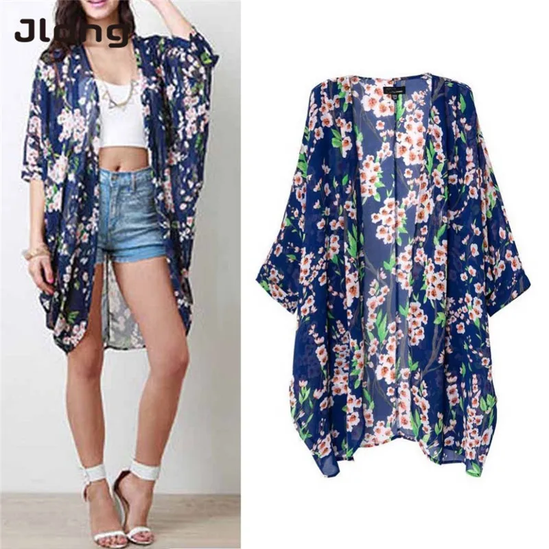 

2017 Casual Loose Long Beach Blouses Women Summer Blouse Seaside Kimono Cardigan Floral Printed Half Sleeve Fashion