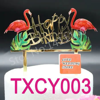 

colorful garden style happy birthday cake topper with flamingos Silhouette mirror gold birthday party decoration cake accessory