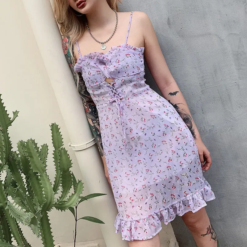 

2019 Summer Sexy Lace Up Hollow Out Bustier Beach Floral Print Mini Dress Women High Waist Ruched Ruffles Workout Outfit Bodycon