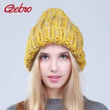 Geebro, женские зимние теплые разноцветные шапочки ручной работы, толстые вязанные шапки с грубой строчкой, вязаные крючком женские милые шапки JS247
