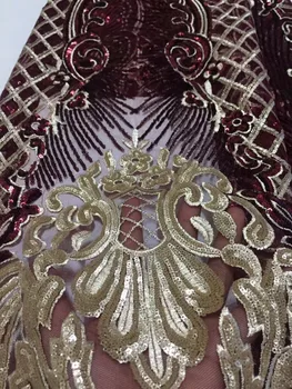 

2018 New Nigerian Embroidered Sequined Mesh Lace Fabric Bride Wedding Fabrics Purple Gold Sequins African Net Tulle Swiss Voile