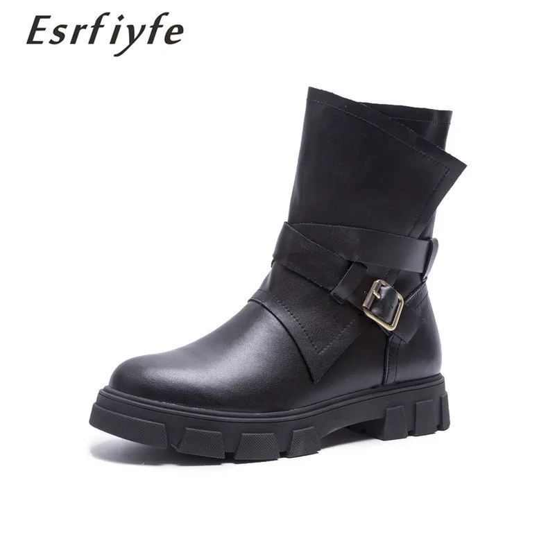 

ESRFIYFE 2019 New European Style Genuine Leather Women Boots Thick Heel Round Toe Platform Mid Calf Boots Autumn Shoes Woman