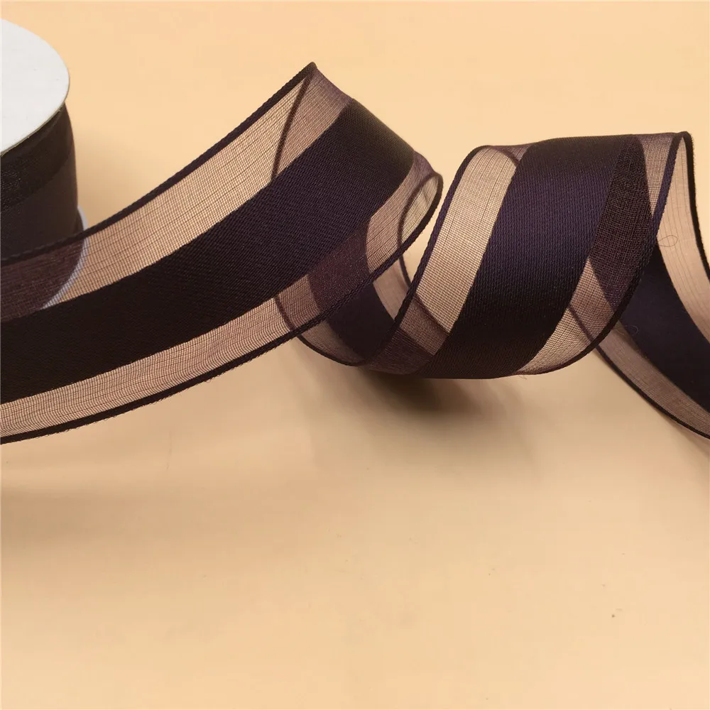 

38MM X 25yards Dk purple organza edge satin ribbon with wire edged for gift box wrapping N2208