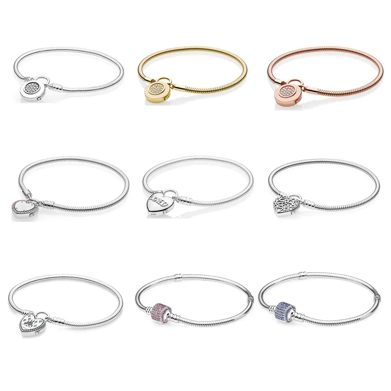 

925 sterling silver jewelry Smooth Padlock bracelets for women fit charms beads DIY Snake Chain bracelet bangles men jewelry