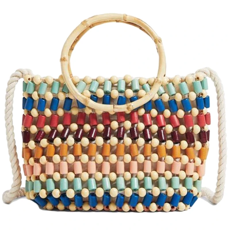 

Colorful Beads Woven Bag Color Hand Pearl Shoulder Bag Straw Crossbody Bag Women High-End Fashion Wood Small Handbag