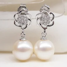 925 silver real natural big The new 925 Sterling Silver Rose shaped round light freshwater pearl earrings genuine short woman
