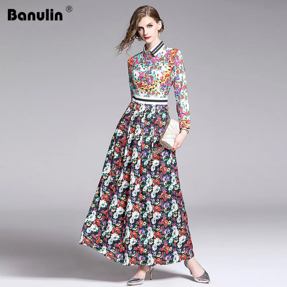 

Banulin Fashion Runway Summer Long Sleeve Maxi Dresses Women's Elegant Party Luxious Floral Print Long Dress Holiday Dress