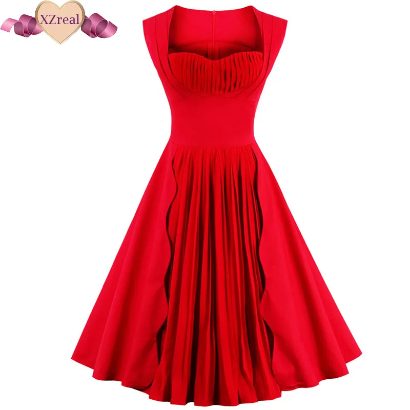 Red Patchwork Dress Summer Women Rockabilly Vintage Dresses Female Clothing Chiffon Retro Robe 