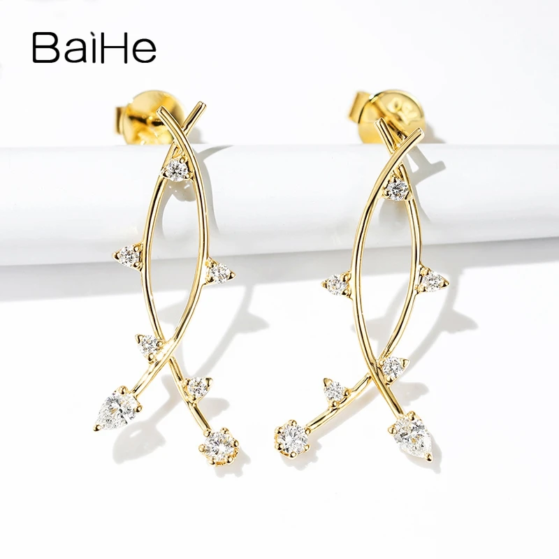 BAIHE Solid 14 K желтое золото 0.28ct H/SI натуральные бриллианты круглые& Груша Свадебные украшения уникальный подарок серьги-гвоздики