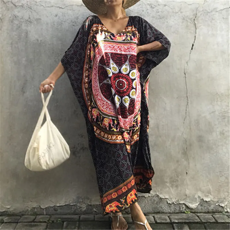 Beach Cover Up Ethnic Print Women Beach Kaftan Cover ups Swimsuit Large