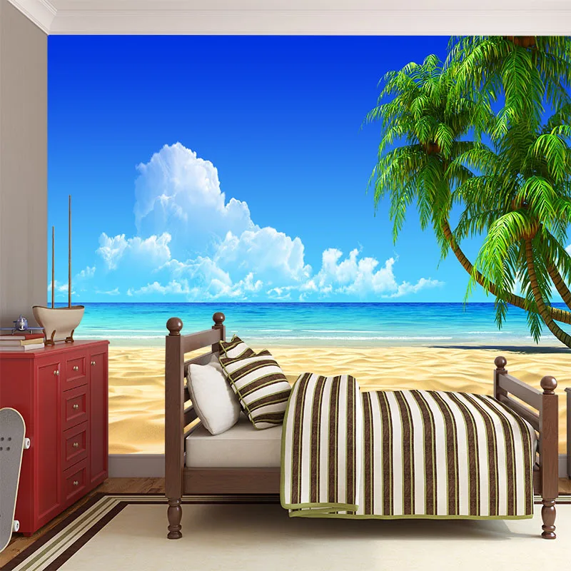 3d пространство HD пейзаж Фреска синее небо море с белыми облаками зеленый кокосовое дерево тропические обои для дома Настенный декор