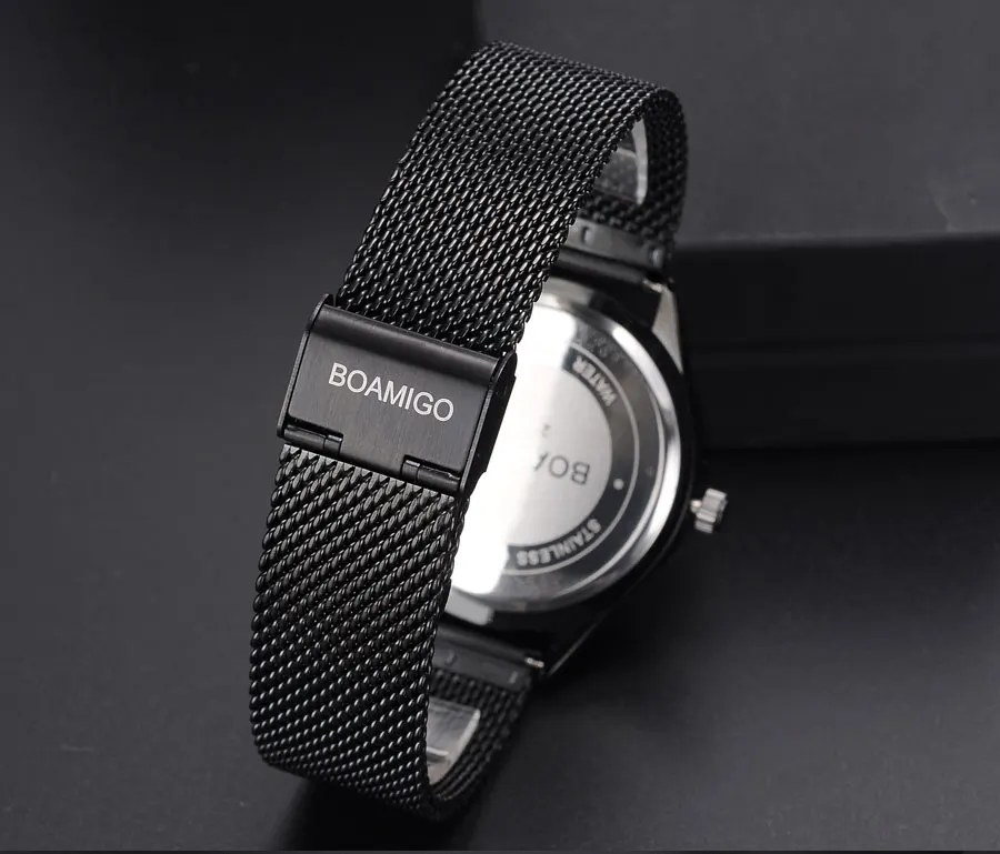BOAMIGO Brand Mesh Steel Band Watches Mens Black Quartz Watch Fashion Skeleton Male Simple Wristwatch Auto Date Waterproof Clock (22)