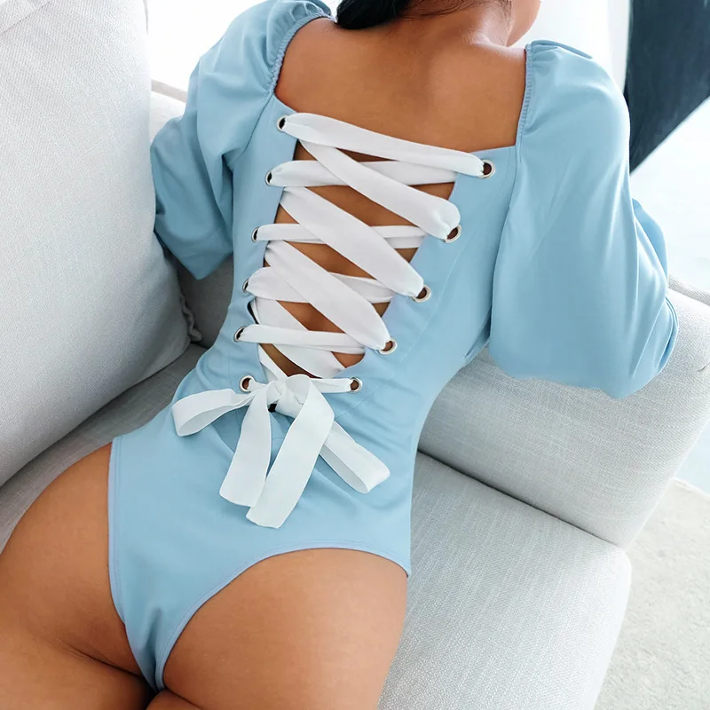 

Sexy Backless Panelled Lace Up Square Collar Lolita Style Bodysuits Women 2019 Long Flare Sleeve Open Crotch Bodysuit
