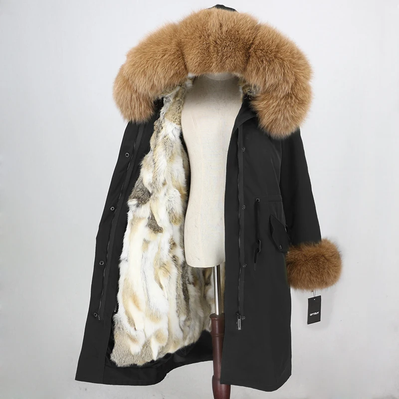 black camel2 С натуральным мехом зимняя куртка бренд длинное пальто парка Куртка из искусственной кожи PU Для женщин сапоги на натуральном лисьем меховой капюшон, воротник манжеты из натурального меха кролика Повседневное - Цвет: black camel2