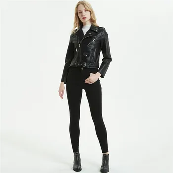 

Faux Leather Coat Women Black Pink Yellow Plus Size PU Jackets 2019 New Spring Autumn Fashion Short Slim Belt Leather Coat CX956