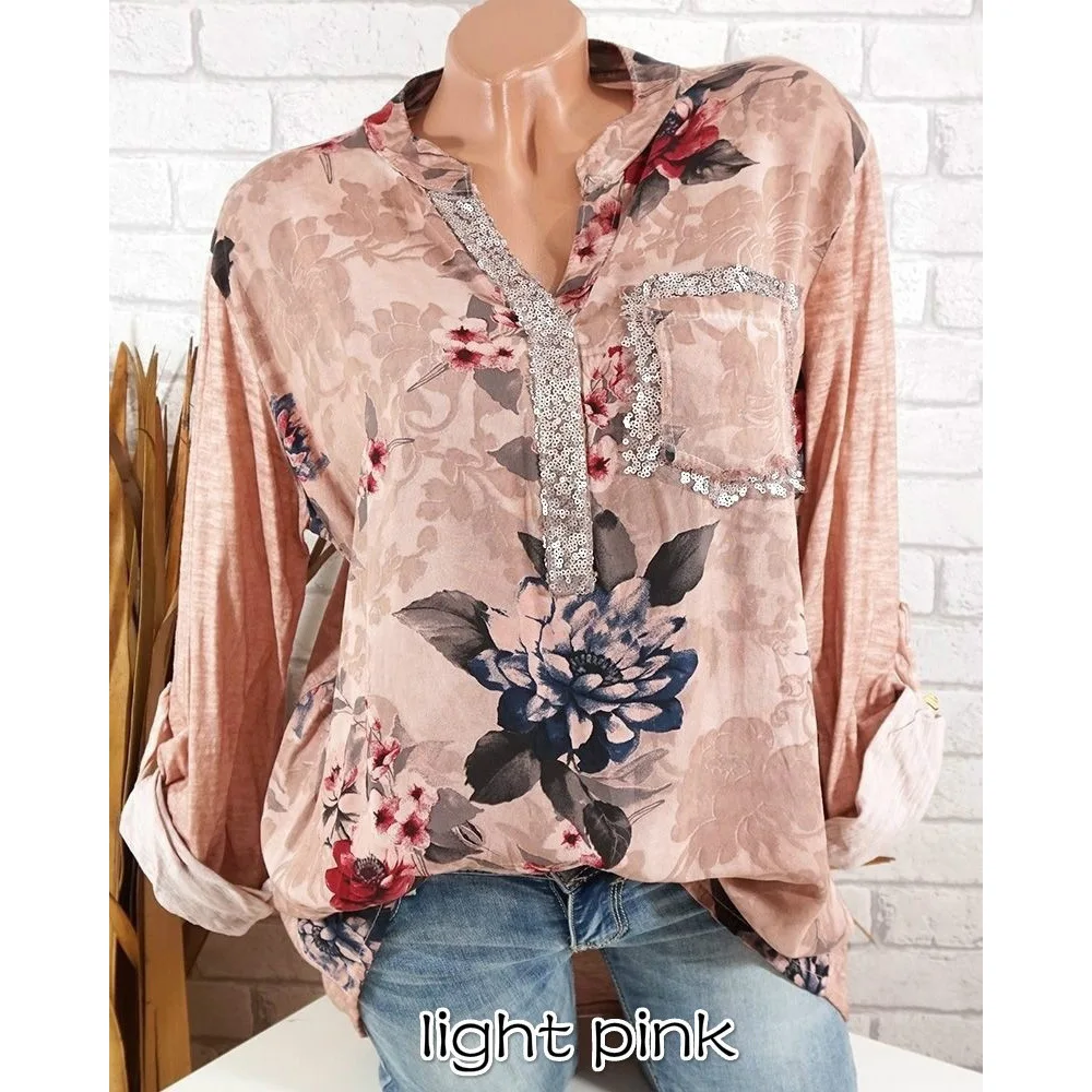 women fashion Long sleeve V-neck print casual shirt Vintage button top Tops