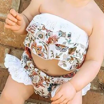 

2PCS Princess Girls Clothes Set Puseky 0-18M Cute Newborn Baby Girl Off shoulder Lace Crop Tops flower Dress Shorts Bloomers