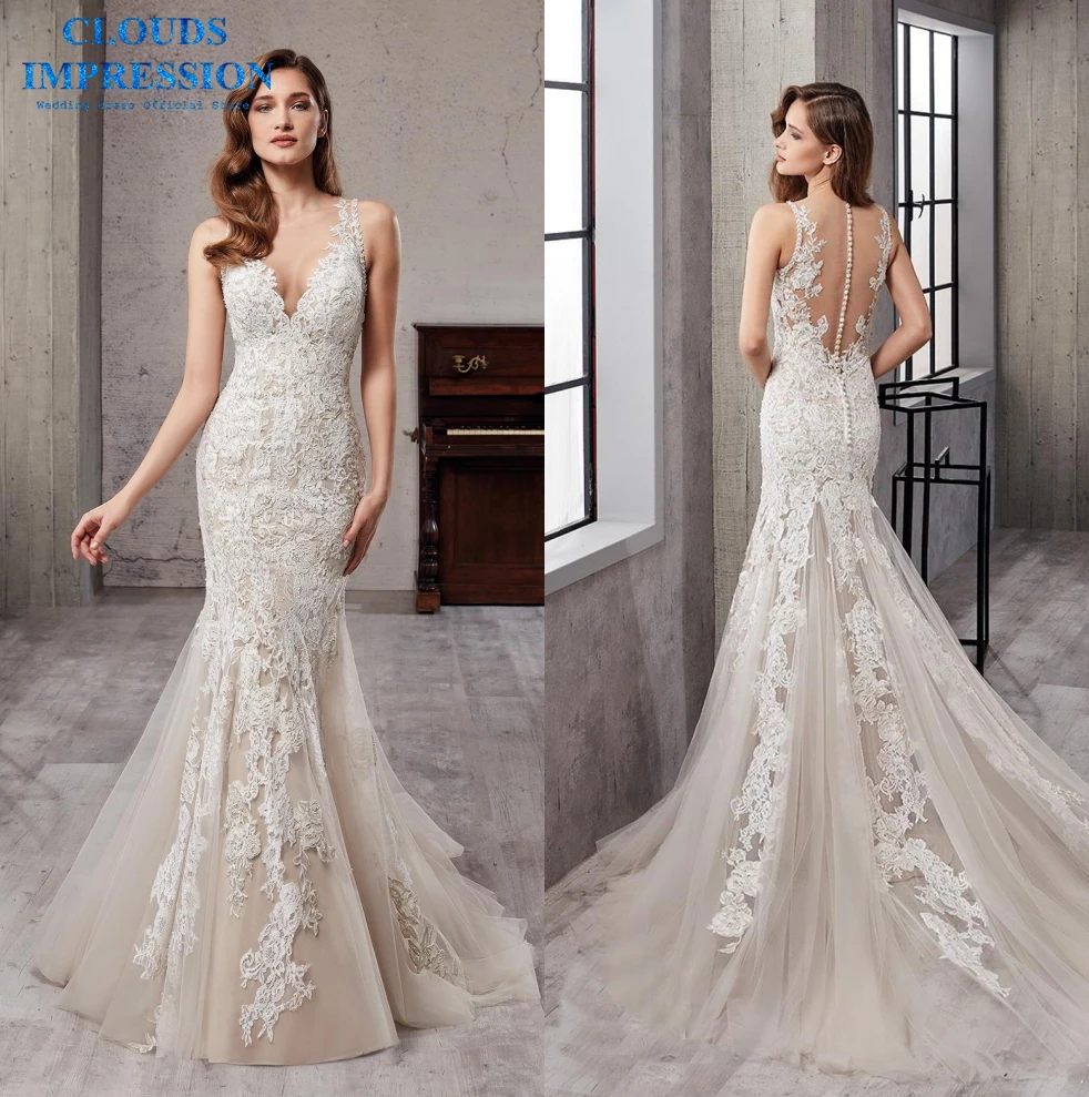 

CLOUDS IMPRESSION Sexy Mermaid 2019 Wedding Dress V neck Lace Court Train Vestige De Noiva Bride Dress White Bridal Gown