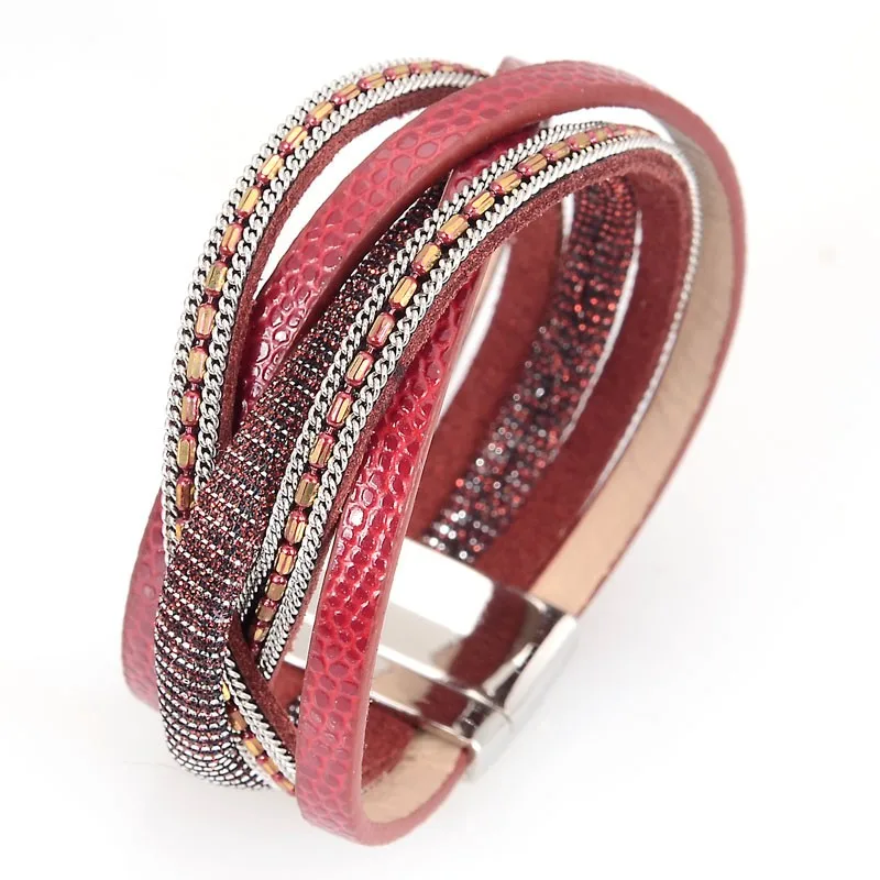12 шт. новые Многослойные Кристалл браслет обруча для женщин Украшенные стразами роскошные кожаные браслет pulseiras femininas