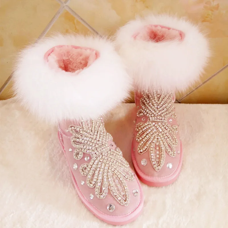 

2018 handmade original leather European station fox fur rhinestones waterproof slip rubber bottom women snow boots cotton shoes