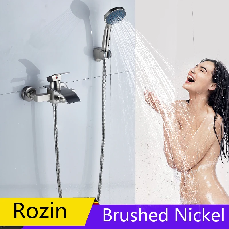 

Brushed Nickel Shower Faucet Wall Mounted Waterfall Bathtub Faucet Handheld Bathroom Shower Mixer Tap with Bracket