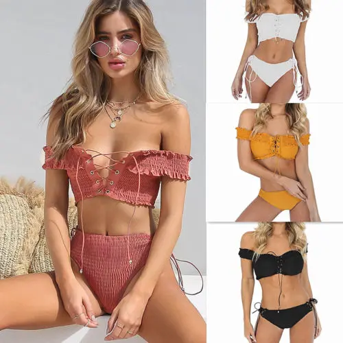 

2018 New Womens Ruffles Off Shoulder Push-up Padded Bra Bandage Bikini Set High Waist Triangle Swimsuit Swimwear Bathing Suit