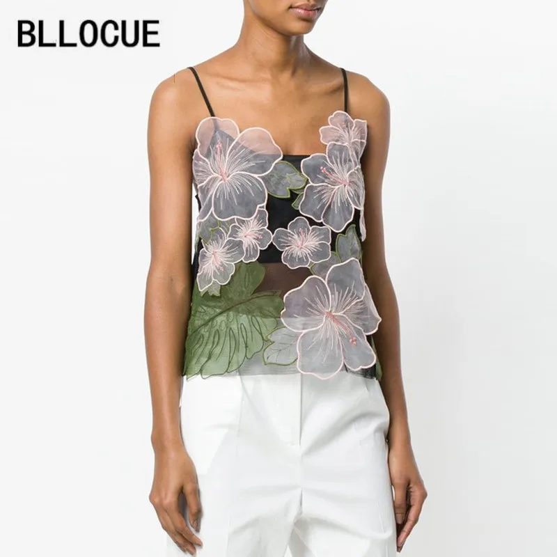 

BLLOCUE High Quality Runway Designer 2018 Summer Sexy Crop Top Spaghetti Strap 3D Floral Women Appliquies T-shirt Tank Tops