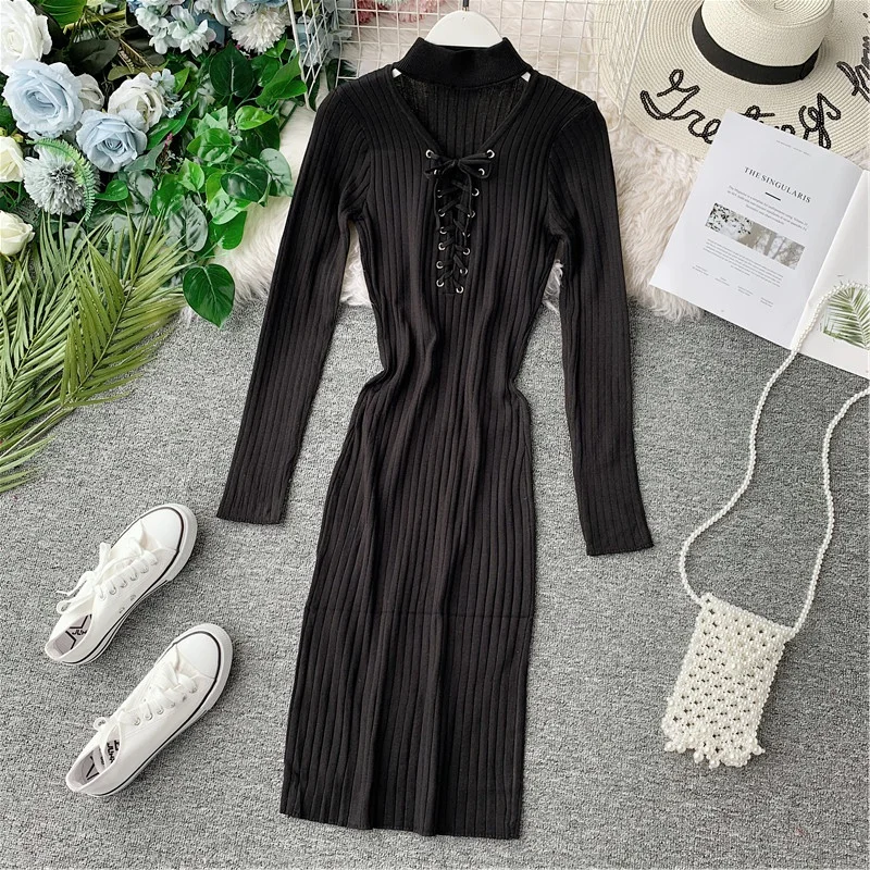 

Fashion Halter Neck Sexy Lace Up Slim Autumn Winter Bodycon Knit Sweater Midi Long Dress Party Women Casual Long Sleeve Vestidos