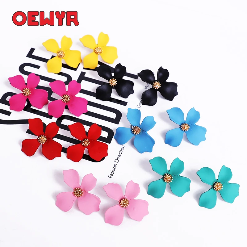 

korean Fashion sweet Metal Flower Stud Earrings For Women 2019 Plant Geometric Flower Earrings Statement red pink yellow Jewelry