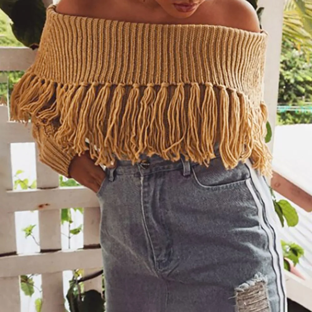 

KANCOOLD 2018 Winter Pull Sweaters Women Fashion Sexy Strapless Jumpers Pullovers Tassel Off Shoulder Knitting Sweater PJ1016