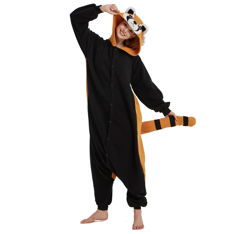 Women Onesie Raccoon Pajama Funny Cute Animal Party Suit Unisex Adult Winter Brown Black Jumpsuit Warm Sleep Wear Couple Pyjamas (6)